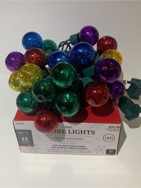 Tinsel Multi-Color Tinsel Globe String Lights - Red, Green, Blue, Purple, Yellow